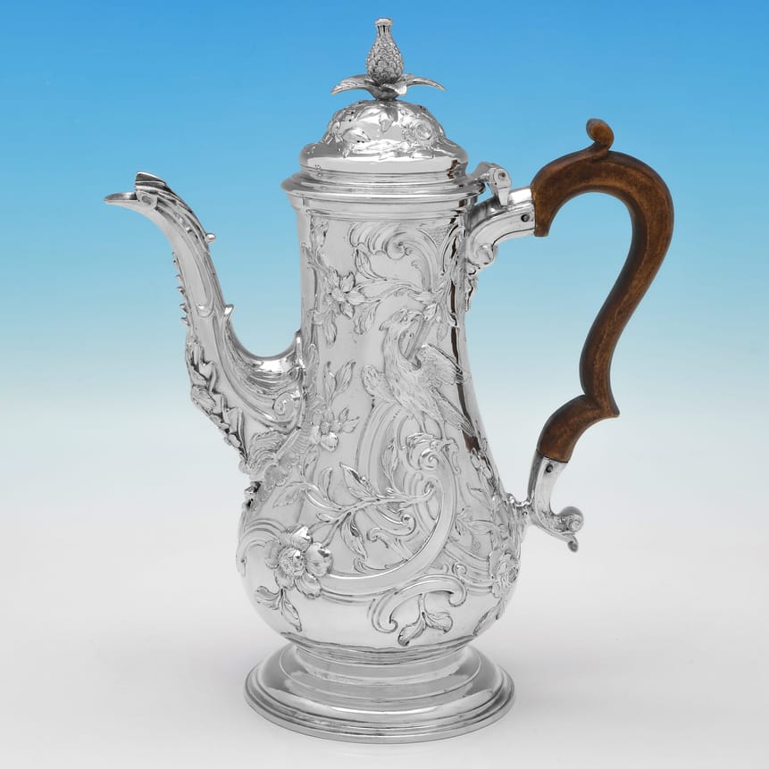 Antique Sterling Silver & Wood Coffee Pots - Thomas Whipham & Charles Wright, hallmarked in 1764 London - George III