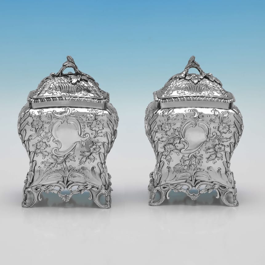 Antique Sterling Silver Pair Of Tea Caddies - Henry Bailey Hallmarked In 1768 London - Georgian - Image 1