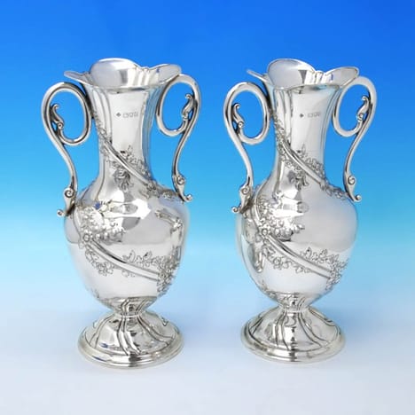 Antique Sterling Silver Pair Of Vases - William Hutton Hallmarked In 1903 London - Edwardian - Image 1