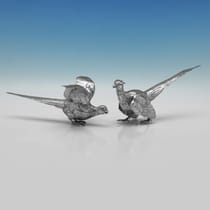 Sterling Silver Pair of Pheasants - hallmarked in 1925 Sheffield - George V - Thumbnail 1