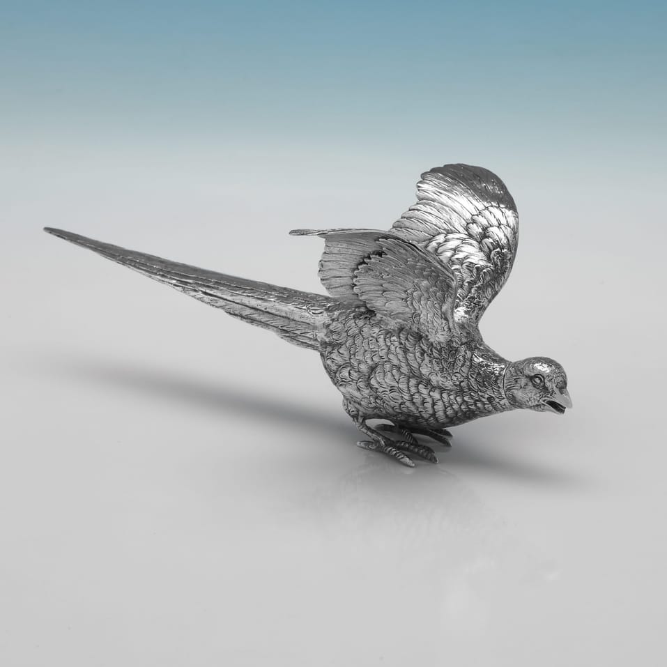 Sterling Silver Pair of Pheasants - hallmarked in 1925 Sheffield - George V - Image 2