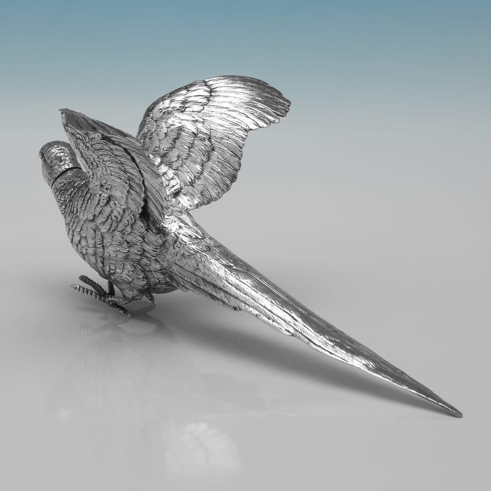 Sterling Silver Pair of Pheasants - hallmarked in 1925 Sheffield - George V - Image 3