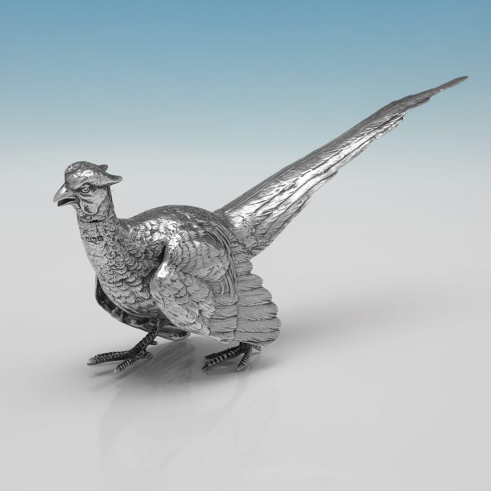 Sterling Silver Pair of Pheasants - hallmarked in 1925 Sheffield - George V - Image 4
