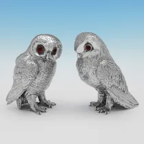 Sterling Silver Pair of Owls - Israel Segalov, hallmarked in 1937 London - George VI - Thumbnail 1