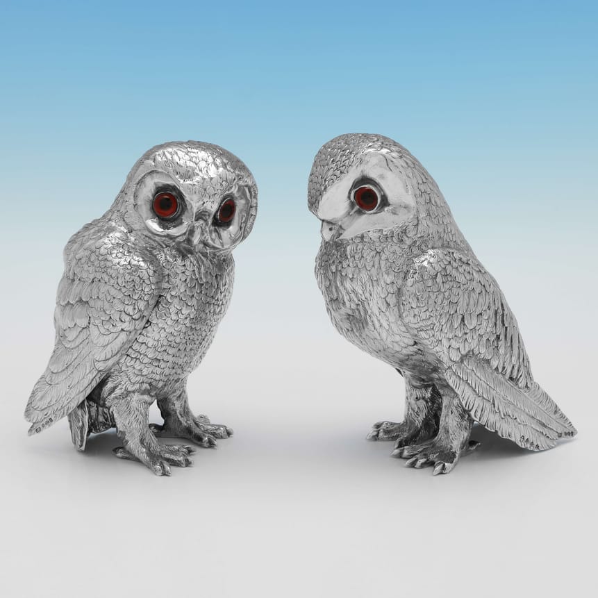 Sterling Silver Pair Of Owls - Israel Segalov Hallmarked In 1937 London - George VI - Image 1