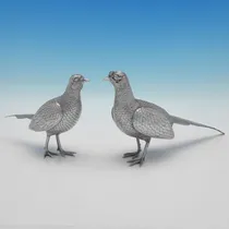 Sterling Silver Pair of Pheasants - Richard Comyns, hallmarked in 1967 London - Elizabeth II - Thumbnail 1