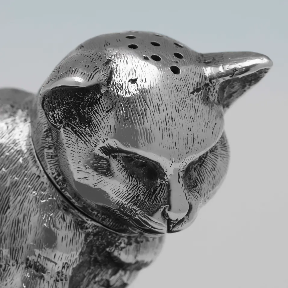 Antique Sterling Silver Cat Pepper Pot - Jane Brownett, hallmarked in 1880 London - Victorian - Image 3