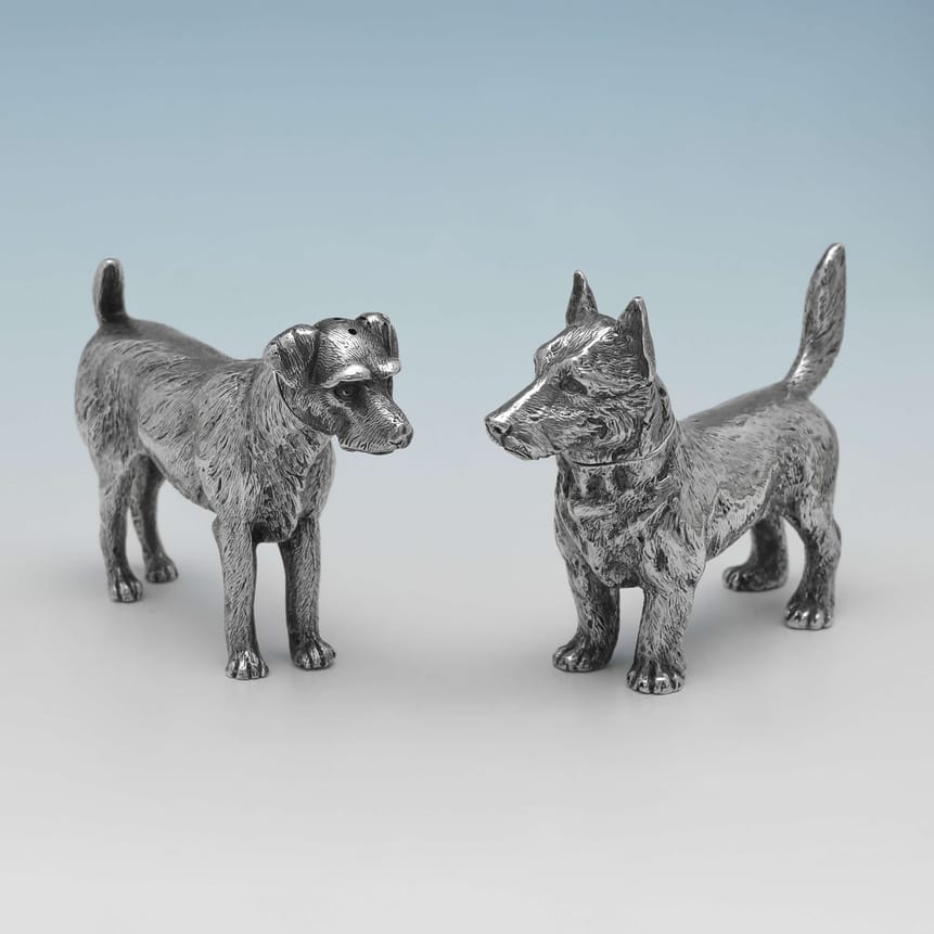Antique Sterling Silver Dogs - William Hurcomb Hallmarked In 1904 London - Edwardian - Image 1