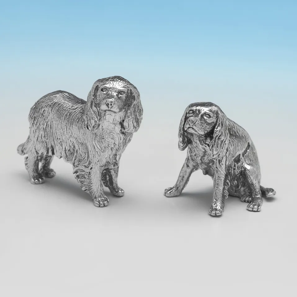 Sterling Silver Pair of King Charles Spaniel Models - C. J. Vander, hallmarked in 1995 London - Elizabeth II