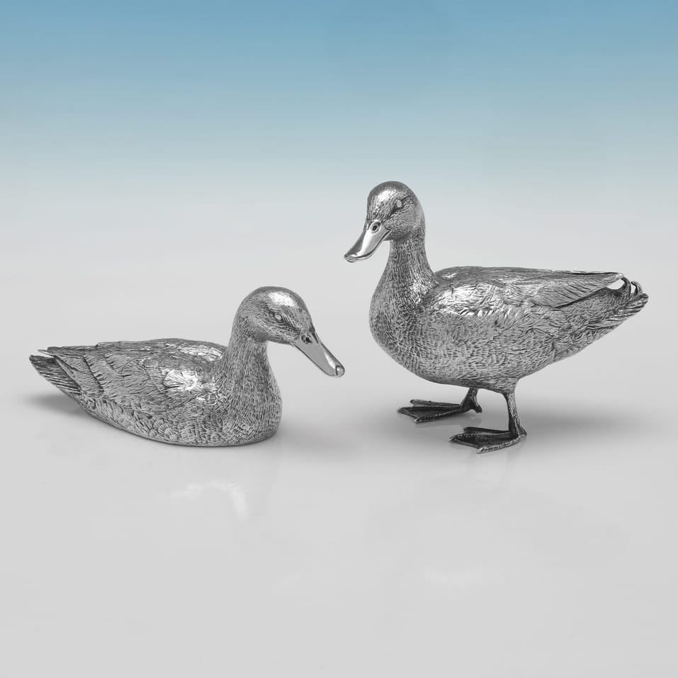 Sterling Silver Pair of Duck Models - hallmarked in 2011 London - Elizabeth II