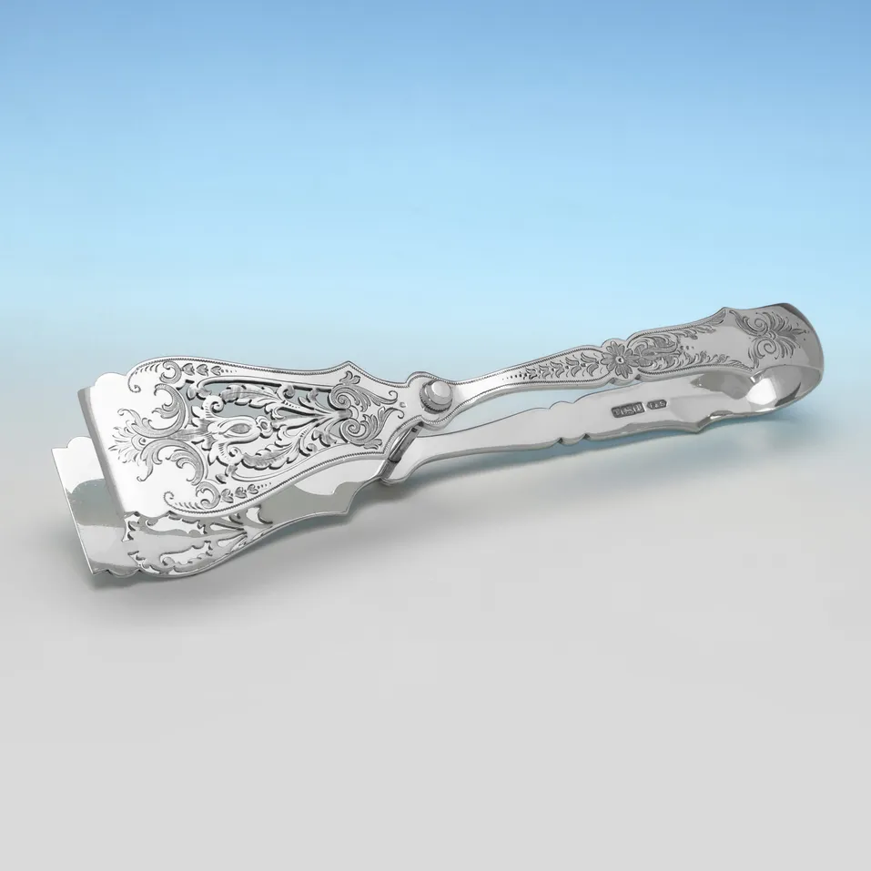Antique Sterling Silver Pair of Asparagus Servers - Fattorini & Sons, hallmarked in 1907 Sheffield - Edwardian