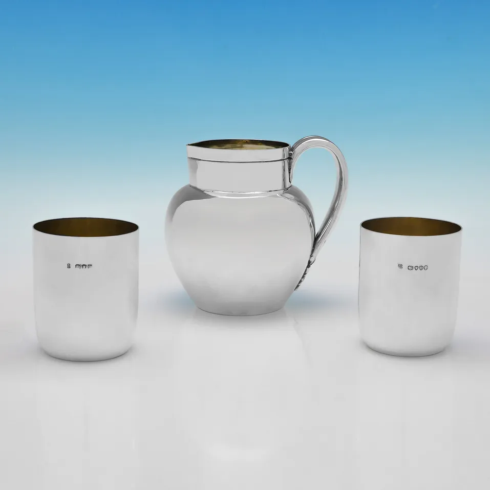 Antique Sterling Silver Water Jug and Pair of Beakers - Aldwinckle & Slater, hallmarked in 1889 London - Victorian