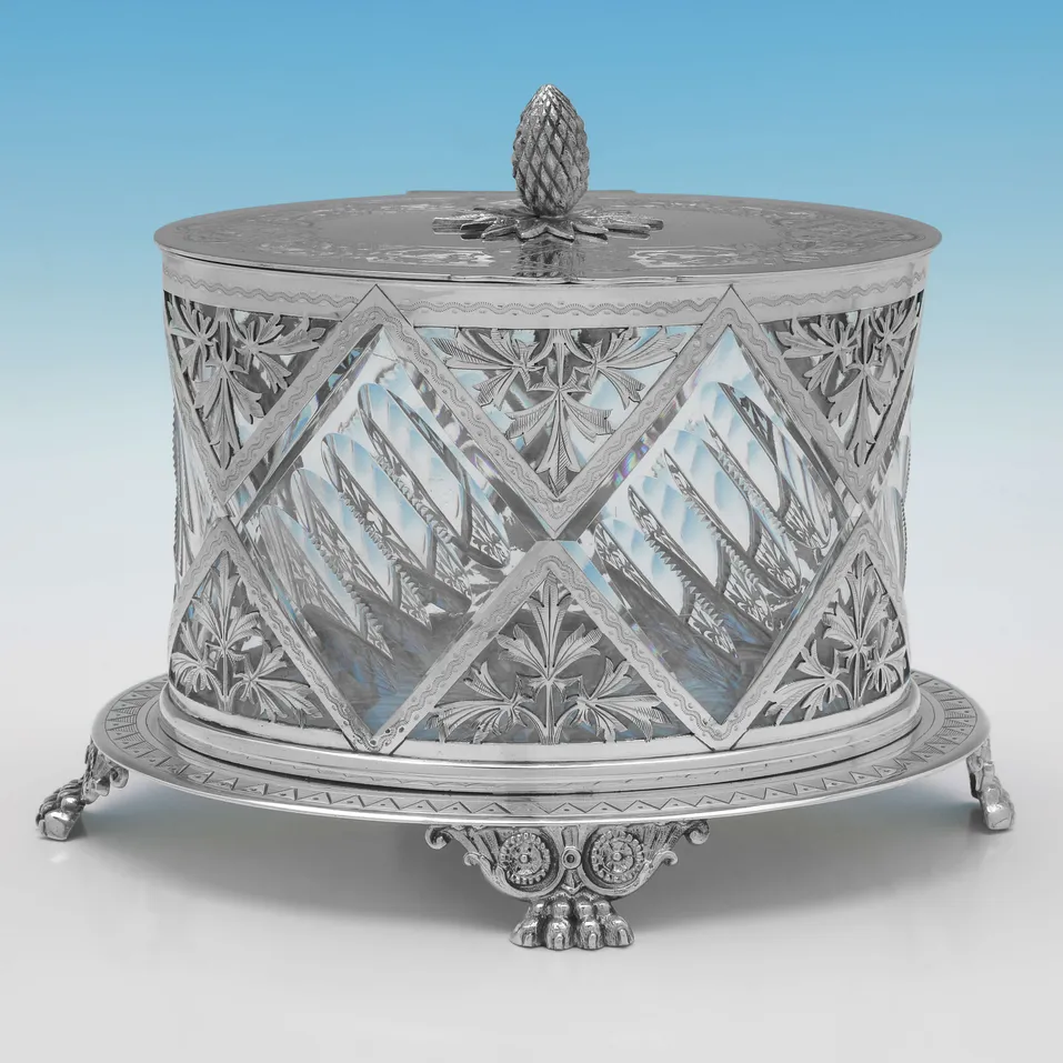 Antique Silver Plate & Glass Biscuit Box - made circa 1860 London - Victorian