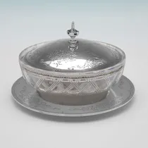 Antique Sterling Silver & Glass Butter dish - George Adams, hallmarked in 1866 London - Victorian - Thumbnail 1