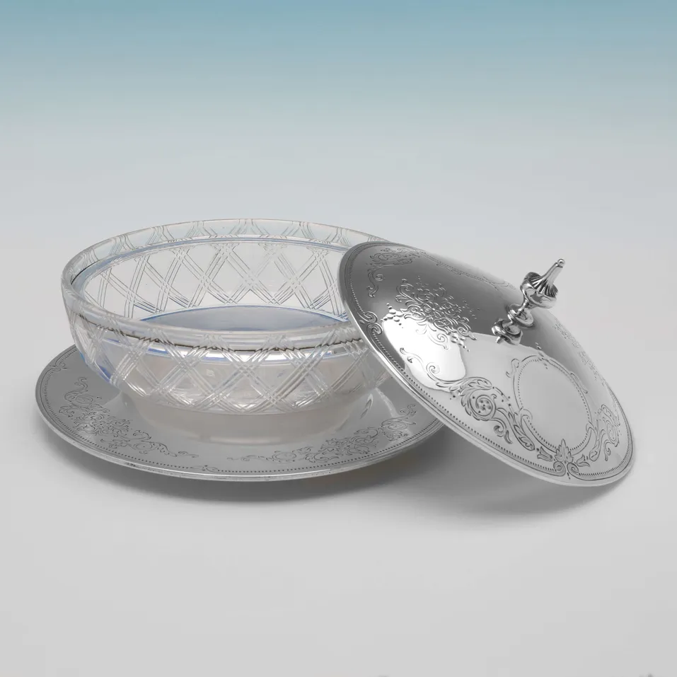 Antique Sterling Silver & Glass Butter dish - George Adams, hallmarked in 1866 London - Victorian - Image 2