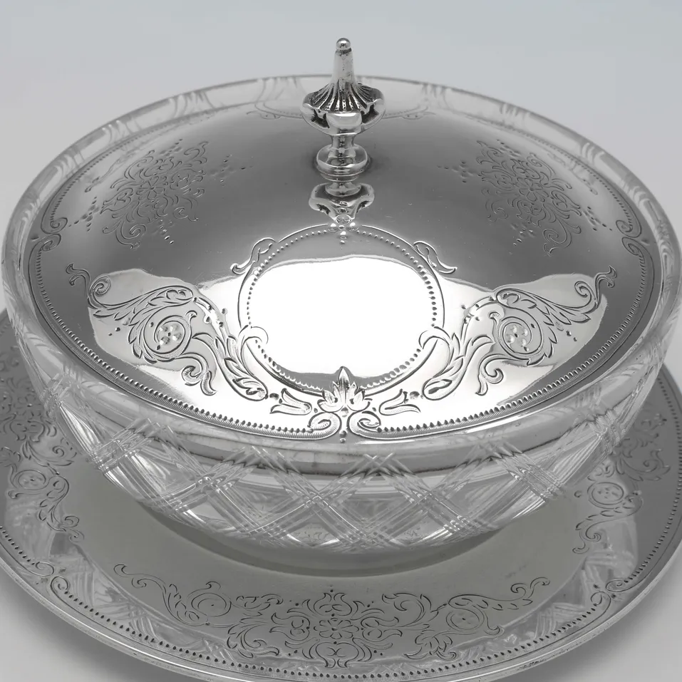 Antique Sterling Silver & Glass Butter dish - George Adams, hallmarked in 1866 London - Victorian - Image 4