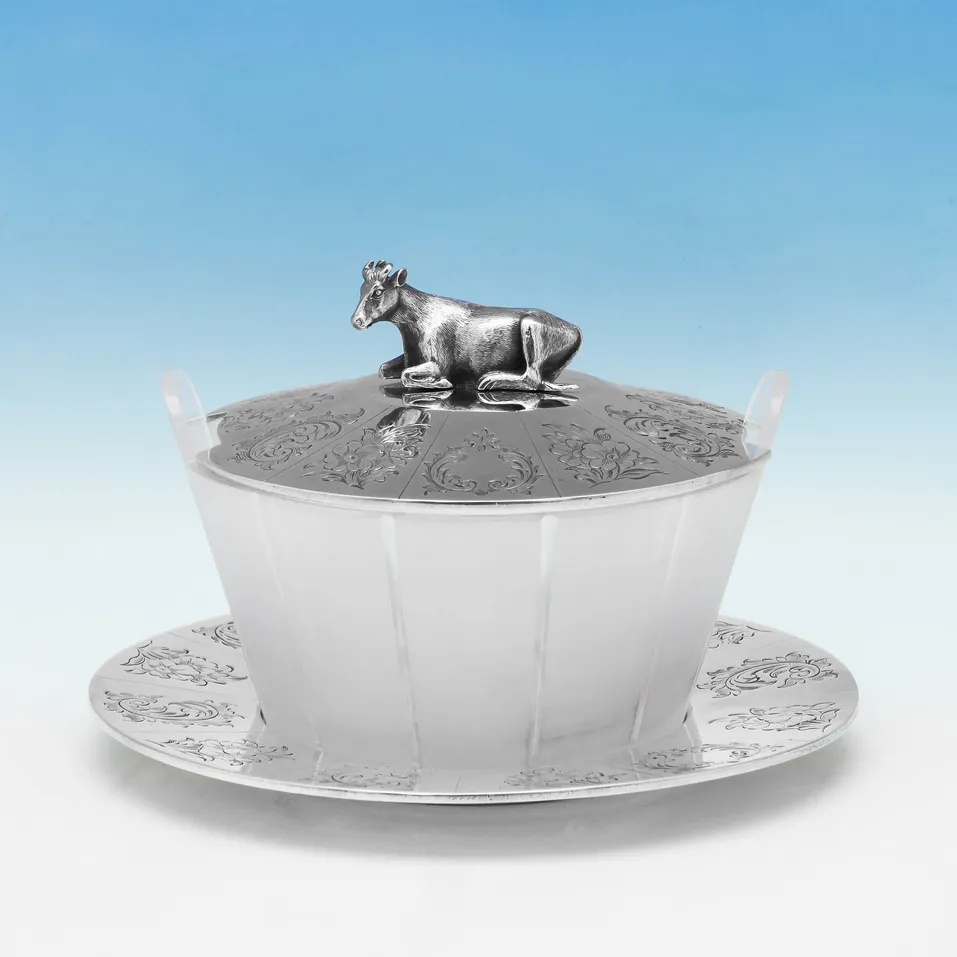 Antique Sterling Silver & Glass Butter Dish - Edward Charles Brown, hallmarked in 1867 London - Victorian