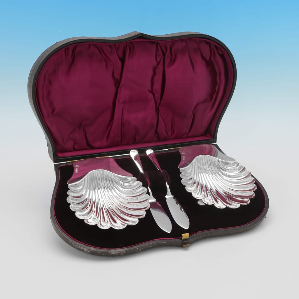 Antique Sterling Silver Pair of Butter Dishes and Knives - Edgar Finley & Hugh Taylor, hallmarked in 1891 London - Victorian