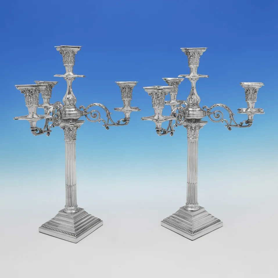 Antique Sterling Silver Pair of 'Corinthian' 4 light Candelabra - C. C. Pilling, hallmarked in 1901 London - Edwardian