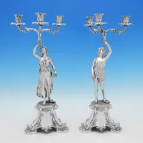 Antique Sterling Silver Pair of figural Candelabra - Barnards & Edward & John Barnard, hallmarked in 1859 London - Victorian - Thumbnail 1