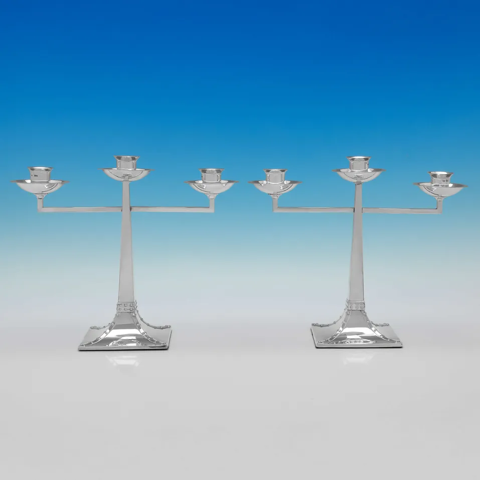 Antique Sterling Silver Pair of Arts & Crafts Candelabra - James Dixon & Sons, hallmarked in 1908 Sheffield - Edwardian
