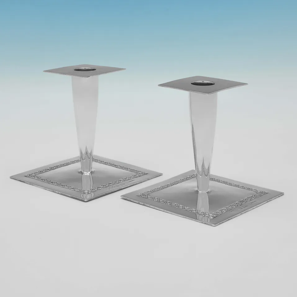 Antique Sterling Silver Pair of Liberty & Co. Cymric Candlesticks - Liberty & Co., hallmarked in 1901 Birmingham - Edwardian