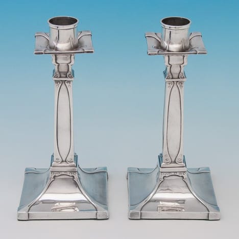 Antique Sterling Silver Pair of Candlesticks - William Hutton & Sons, hallmarked in 1906 London - Edwardian
