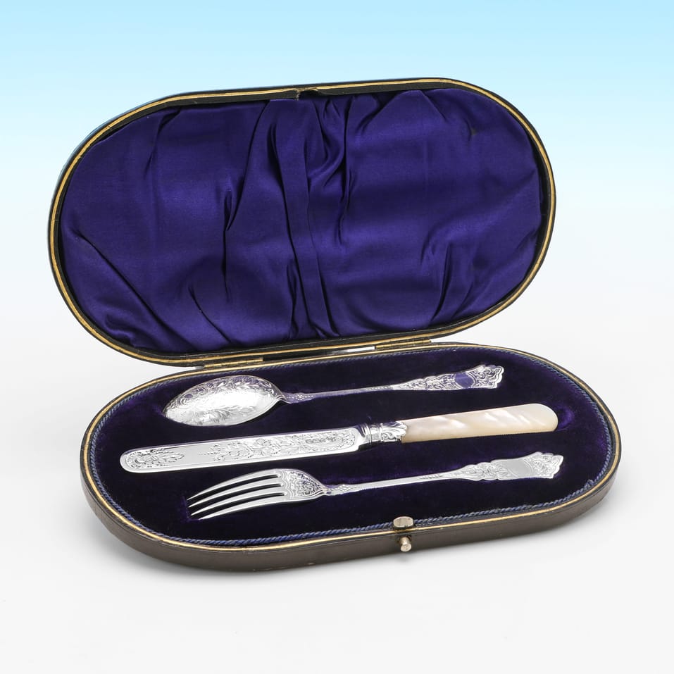 Antique Sterling Silver & Mother of Pearl Child's Set - John Sanderson, hallmarked in 1903 Sheffield - Edwardian