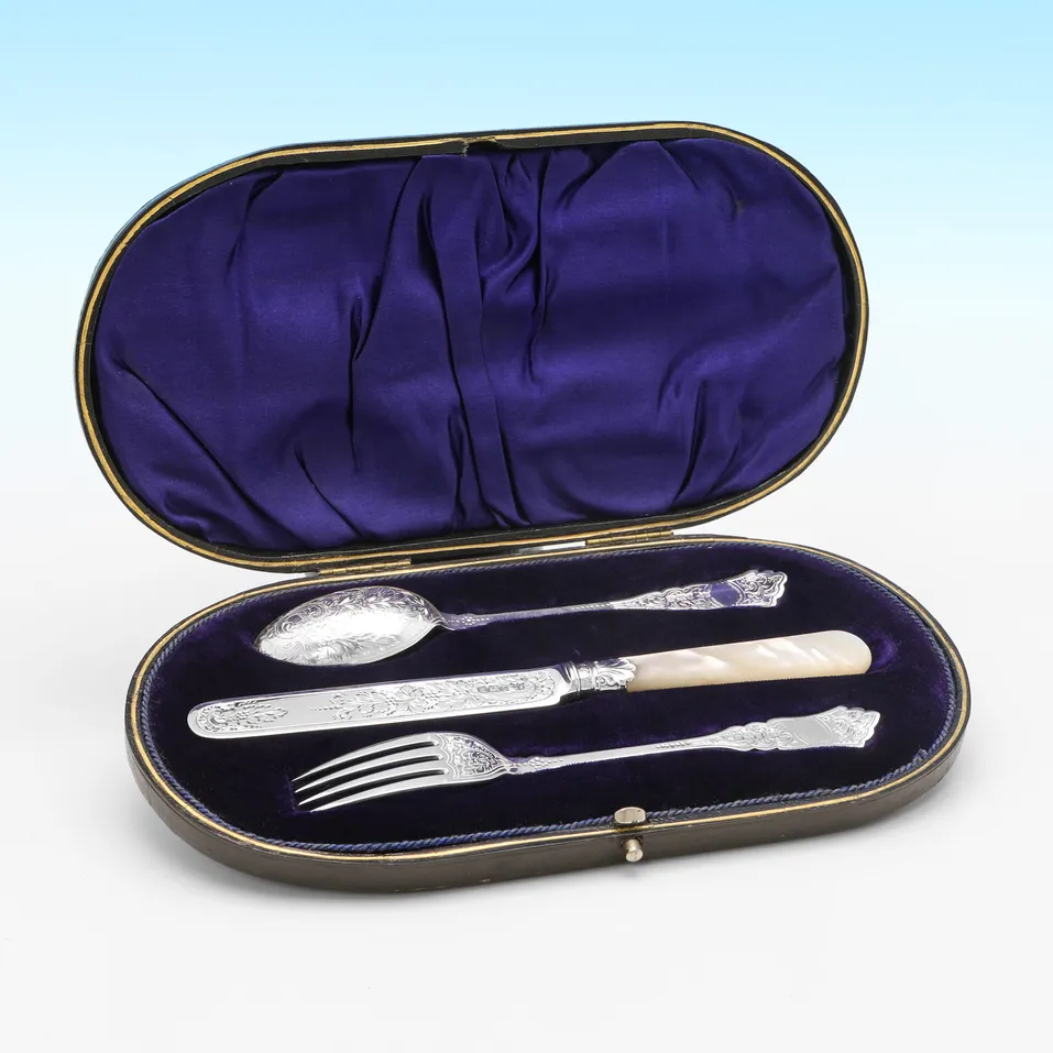 Antique Sterling Silver & Mother of Pearl Child's Set - John Sanderson, hallmarked in 1903 Sheffield - Edwardian