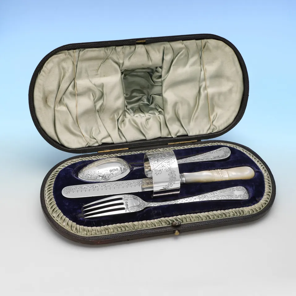 Antique Sterling Silver & Mother of Pearl Child's Set - J. E. Bingham, hallmarked in 1891 Sheffield - Victorian