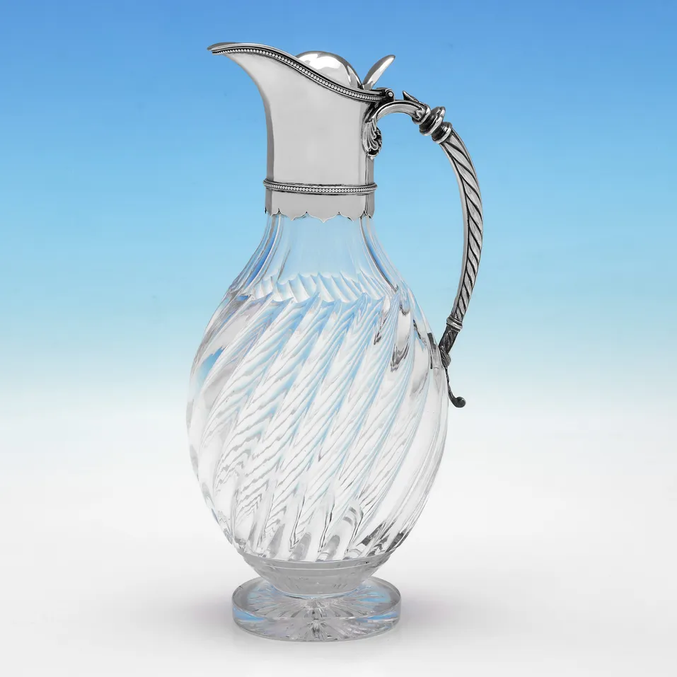 Antique Sterling Silver & Glass Claret Jug - Edgar Finley & Hugh Taylor, hallmarked in 1886 London - Victorian