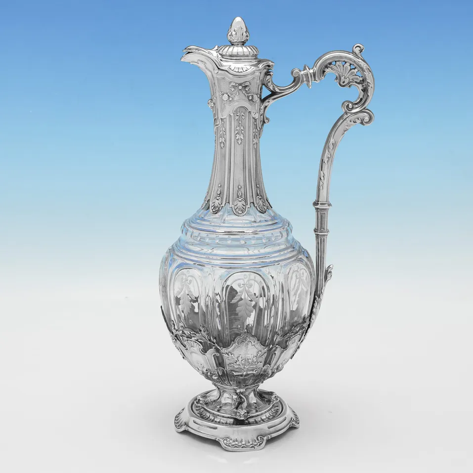 Antique Sterling Silver & Glass Claret Jug - Francis Higgins III, hallmarked in 1898 London - Victorian