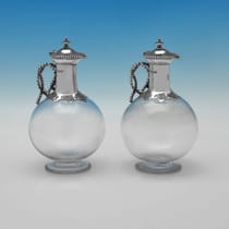 Antique Sterling Silver & Glass Pair of Claret Jugs - John Septimus Beresford, hallmarked in 1884 London - Victorian - Thumbnail 1