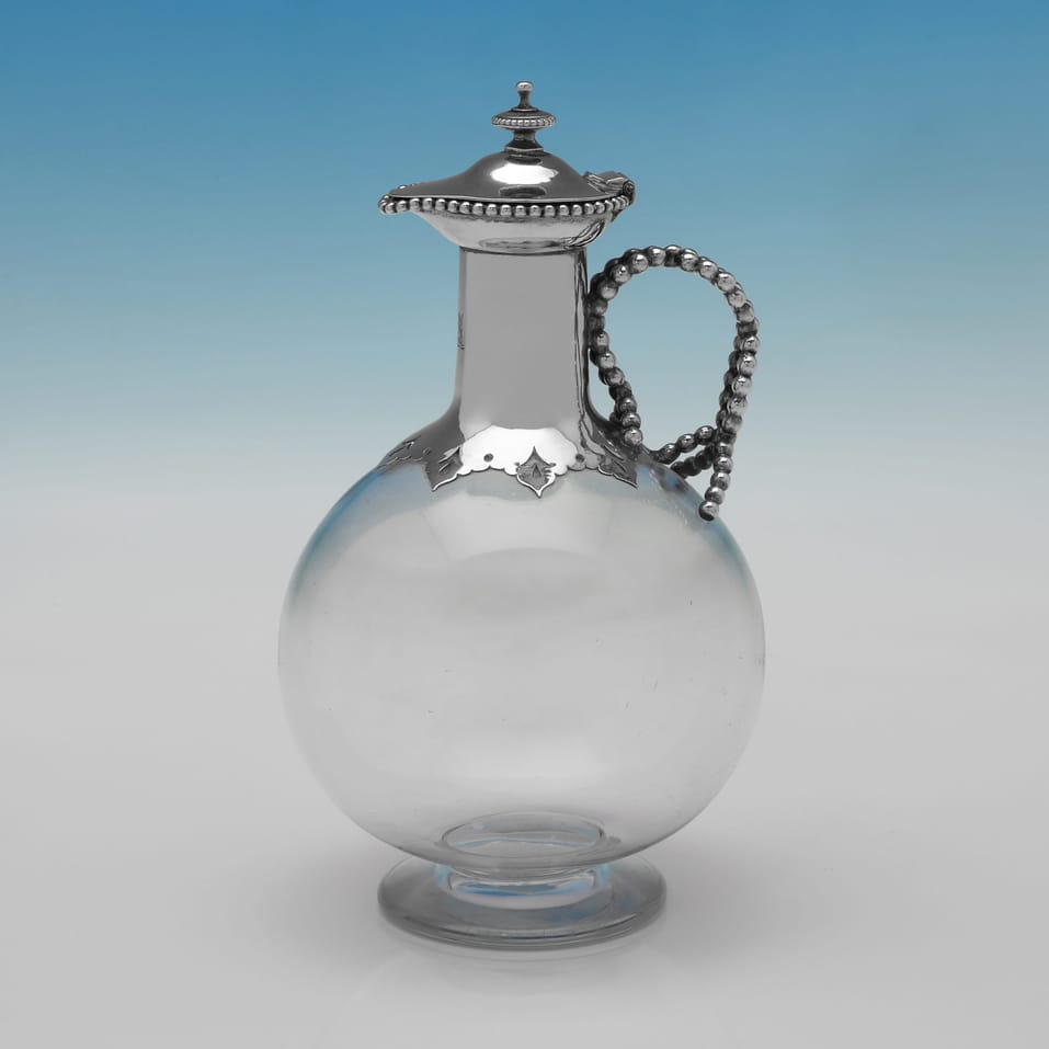 Antique Sterling Silver & Glass Pair of Claret Jugs - John Septimus Beresford, hallmarked in 1884 London - Victorian - Image 2
