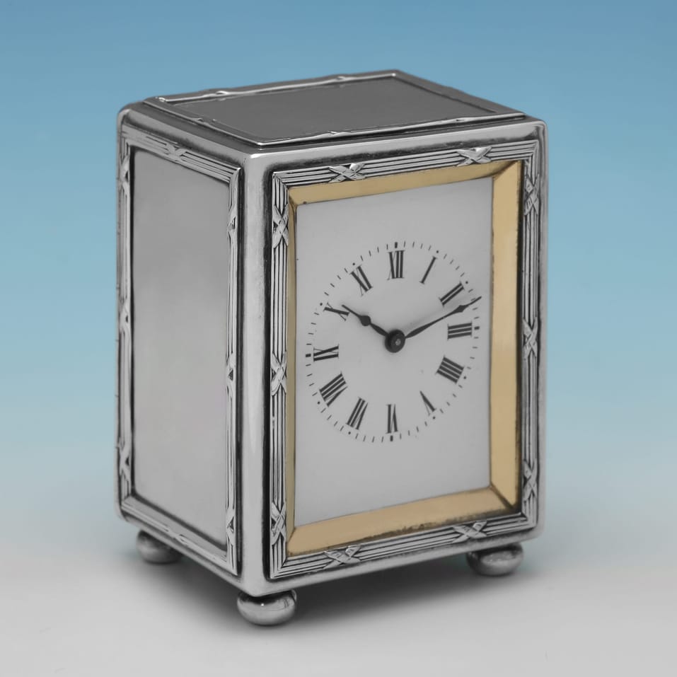 Antique Sterling Silver Carriage Clock - Asprey & Co. Ltd., hallmarked in 1911 London - George V