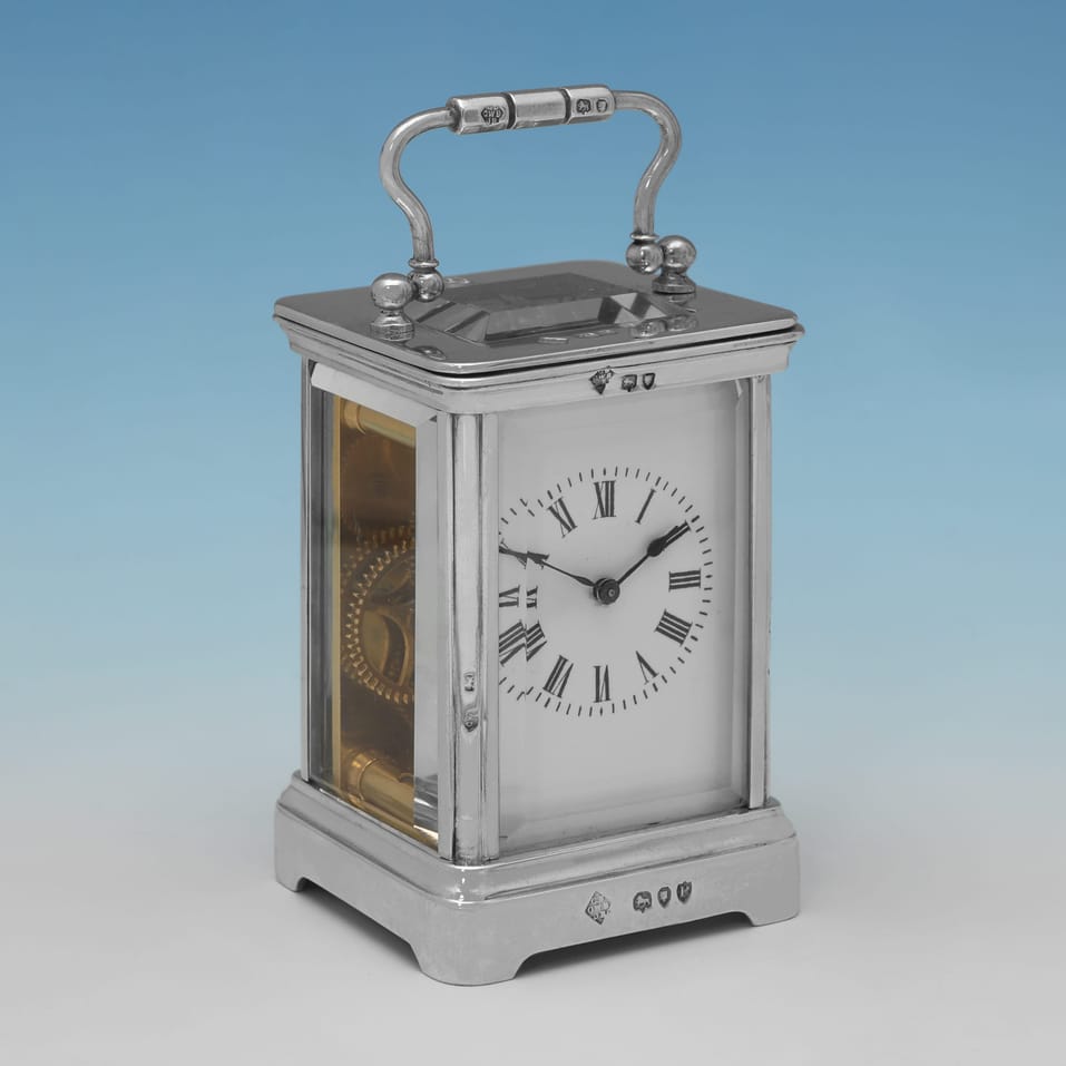 Antique Sterling Silver Carriage Clock - George Betjemann & Sons, hallmarked in 1890 London - Victorian