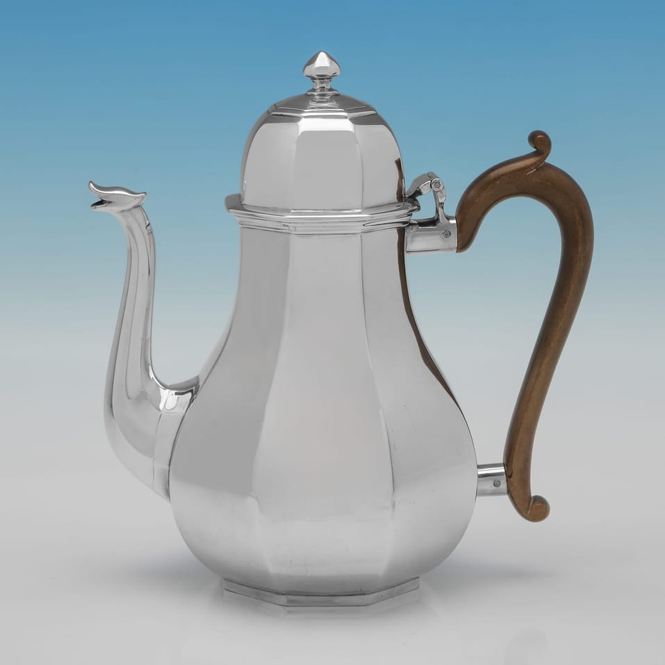 Antique Sterling Silver Octagonal Coffee Pot - Hancocks & Co., hallmarked in 1910 London - George V