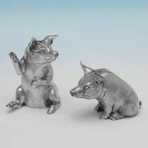 Sterling Silver Pig Salt & Pepper - hallmarked in 1999 London - Elizabeth II - Thumbnail 1
