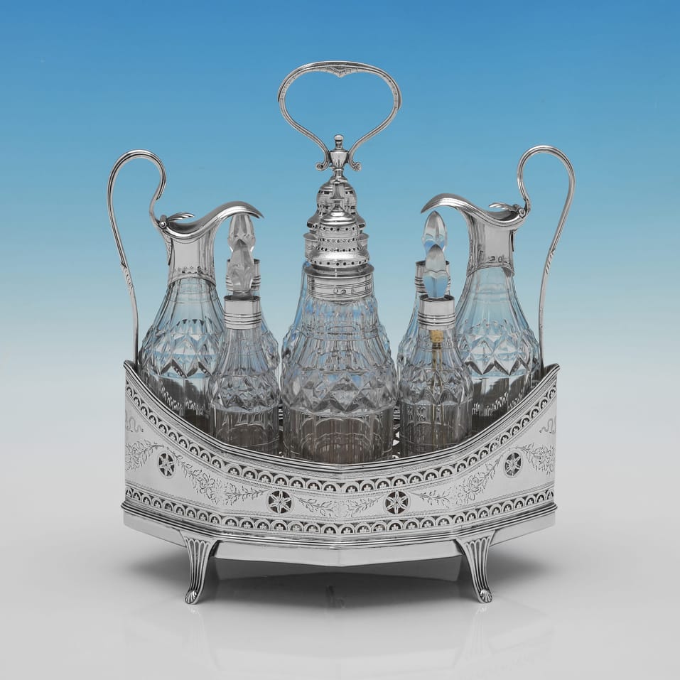 Antique Sterling Silver & Glass Cruet Set - Hester Bateman, hallmarked in 1790 London - George III