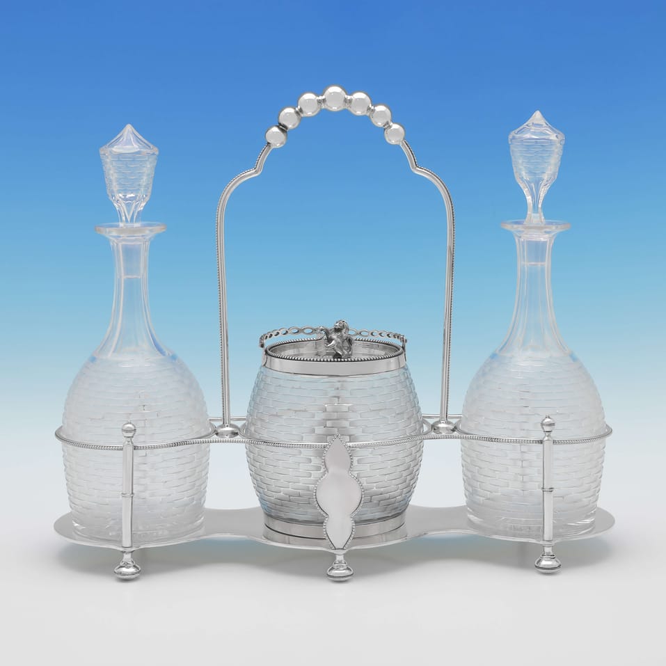 Antique Sterling Silver & Glass Decanter & Biscuit Box Set - Linley & Hodd, hallmarked in 1870 London - Victorian