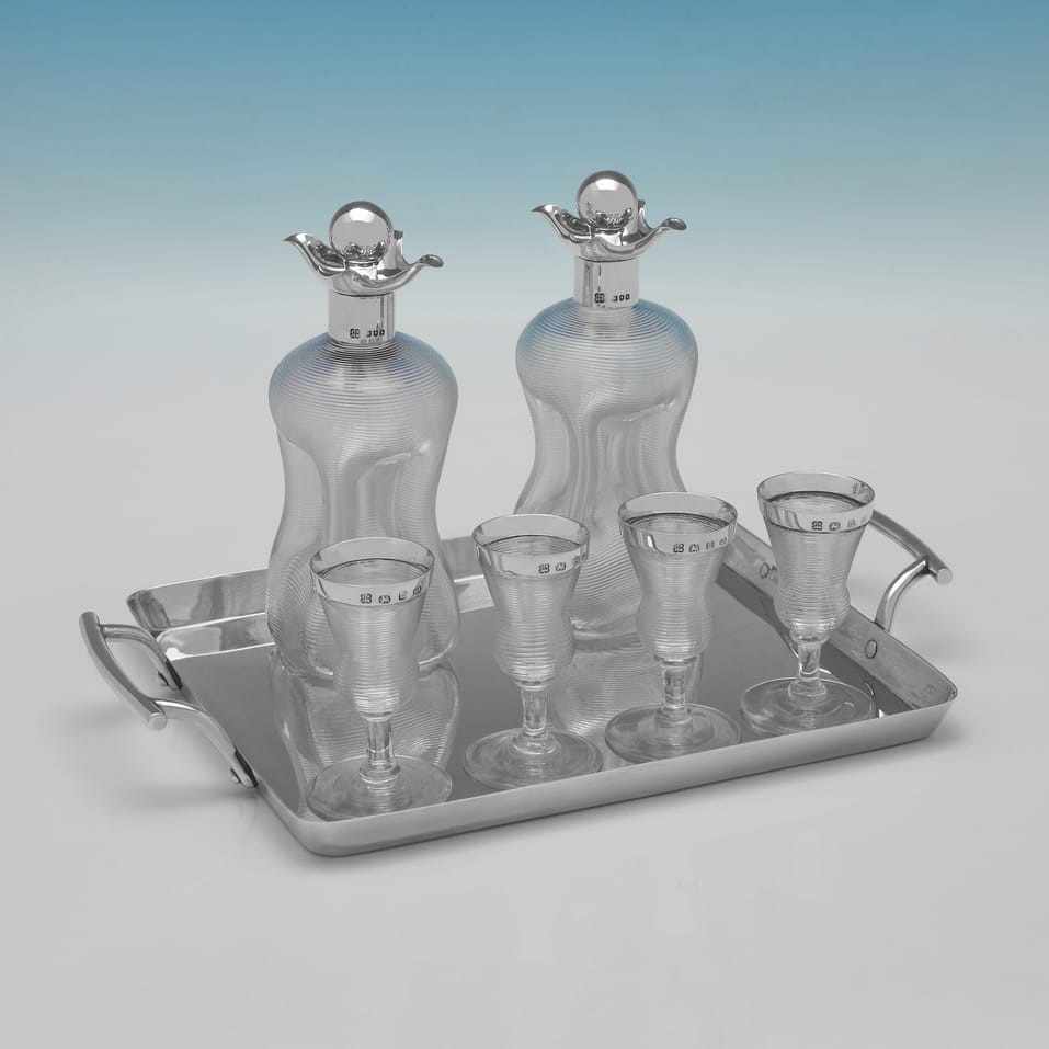 Antique Sterling Silver & Glass Decanter & Shot Glass Set - Heath & Middleton, hallmarked in 1896 Birmingham & London - Victorian