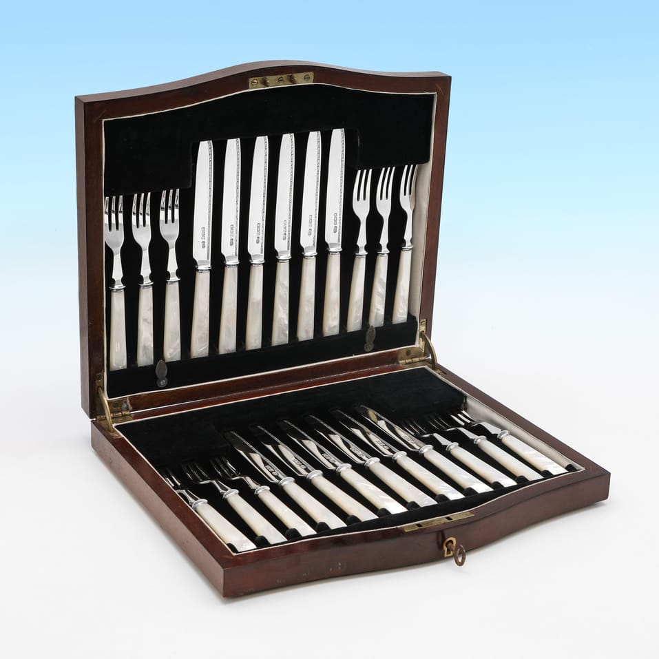 Sterling Silver & Mother of Pearl Dessert Set - Charles William Fletcher, hallmarked in 1928 Sheffield - George V