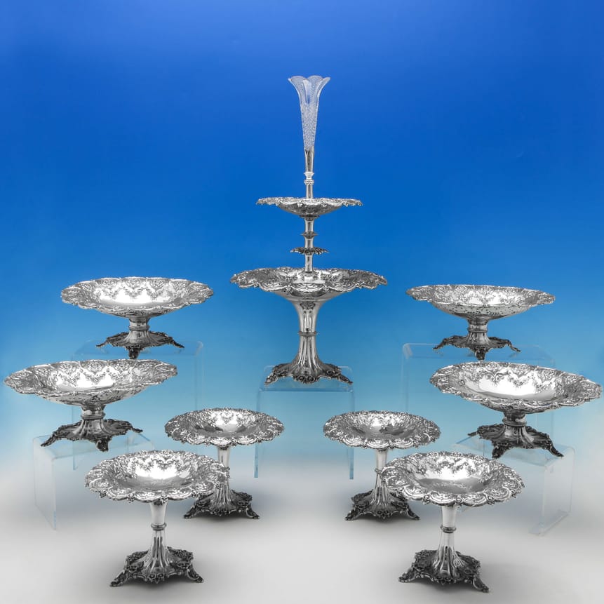 Antique Sterling Silver Centre Piece And Suite Of 8 Dishes - Fenton Brothers Ltd. Hallmarked In 1873 Sheffield - Victoria