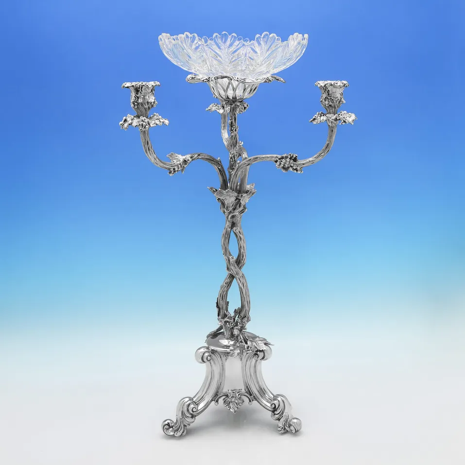 Antique Sterling Silver & Glass Naturalistic Epergne - Elkington & Co., hallmarked in 1856 Birmingham - Victorian - Image 1
