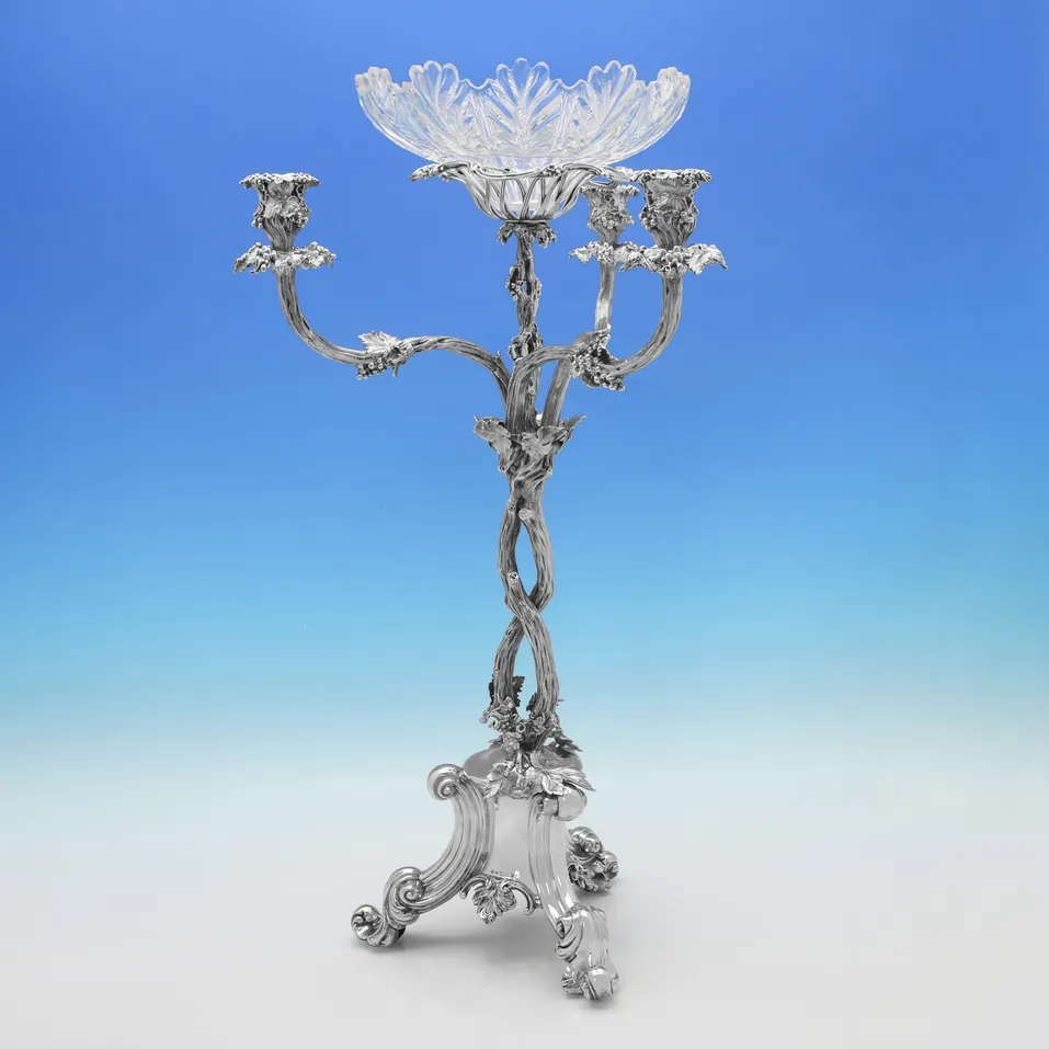 Antique Sterling Silver & Glass Naturalistic Epergne - Elkington & Co., hallmarked in 1856 Birmingham - Victorian - Image 2