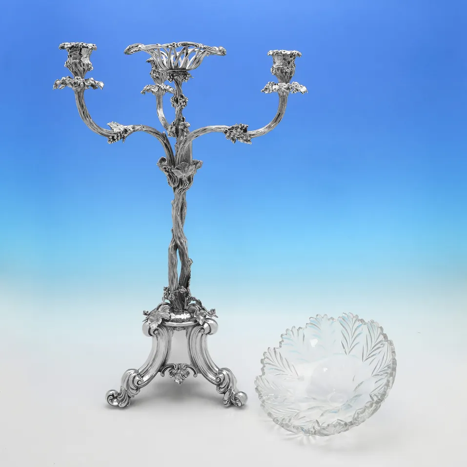 Antique Sterling Silver & Glass Naturalistic Epergne - Elkington & Co., hallmarked in 1856 Birmingham - Victorian - Image 3