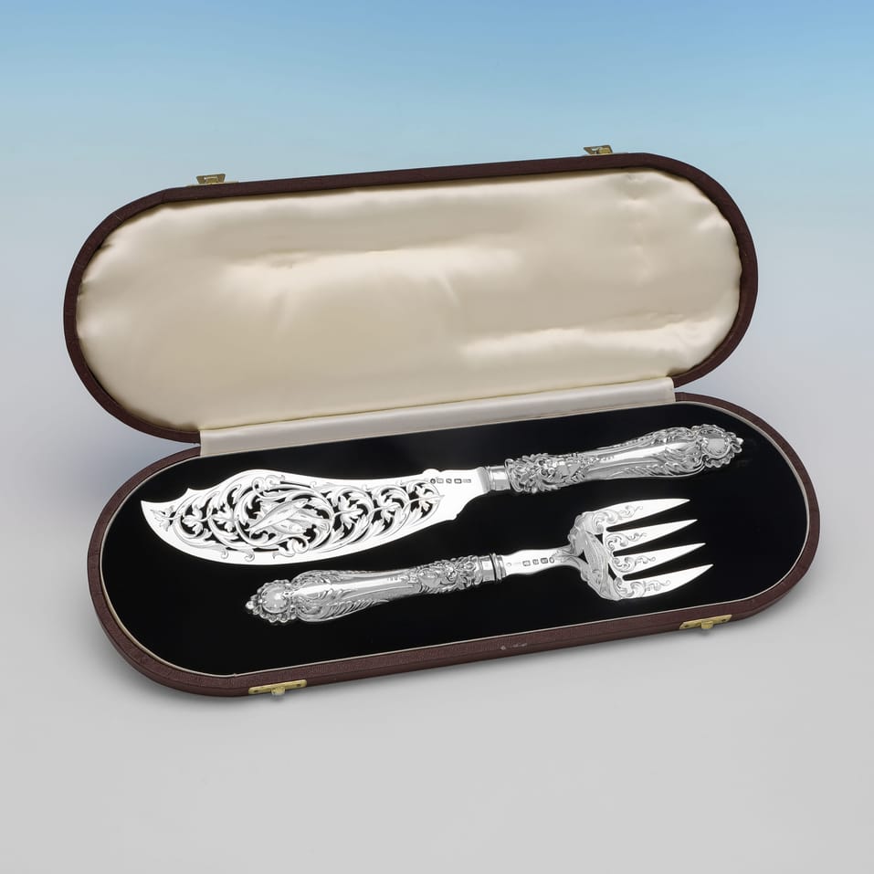 Antique Sterling Silver Pair of Fish Servers - Harrison Brothers & Howson, hallmarked in 1856 Sheffield - Victorian