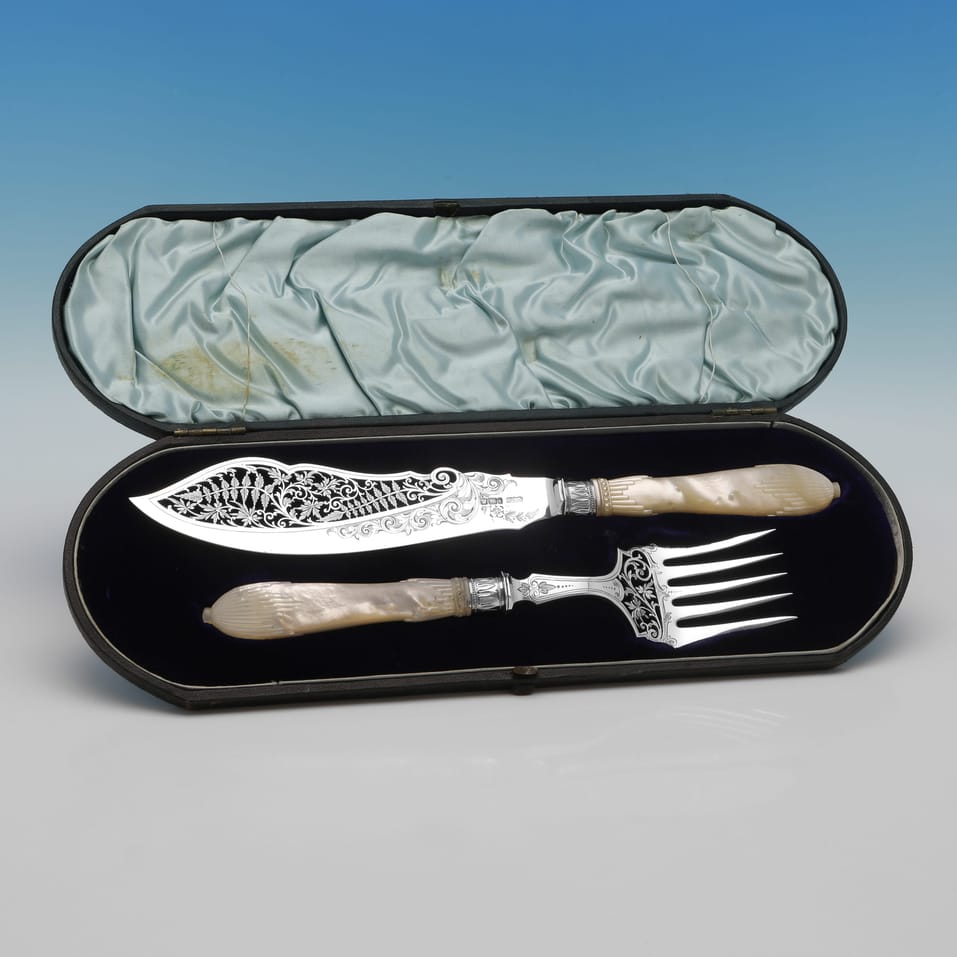 Antique Sterling Silver & Mother of Pearl Pair of Fish Servers - James Dixon & Sons, hallmarked in 1901 Sheffield - Edwardian