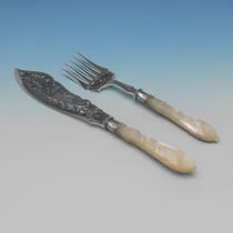 Antique Sterling Silver & Mother of Pearl Pair of Fish Servers - James Dixon & Sons, hallmarked in 1901 Sheffield - Edwardian - Thumbnail 2