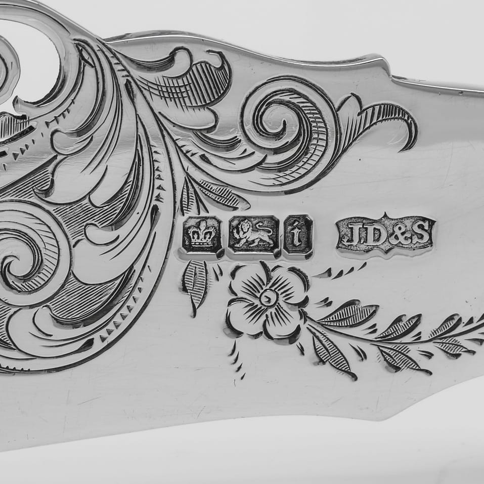 Antique Sterling Silver & Mother of Pearl Pair of Fish Servers - James Dixon & Sons, hallmarked in 1901 Sheffield - Edwardian - Image 7